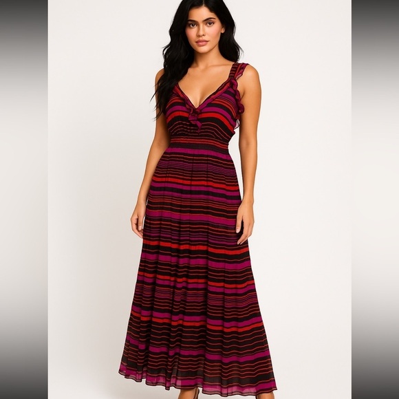 Aryn K Dresses & Skirts - Aryn K V-Neck Sleeveless Striped Maxi Dress Size XS Silk Ruffles Burgundy